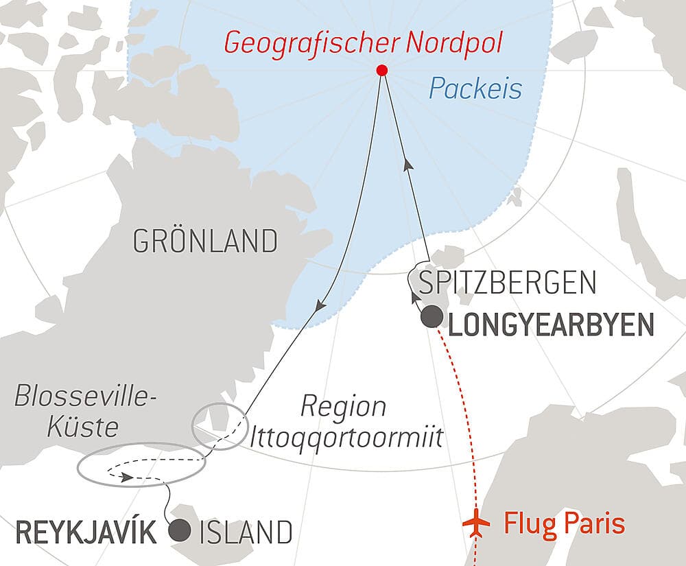 Der geografische Nordpol und die Ostküste Grönlands