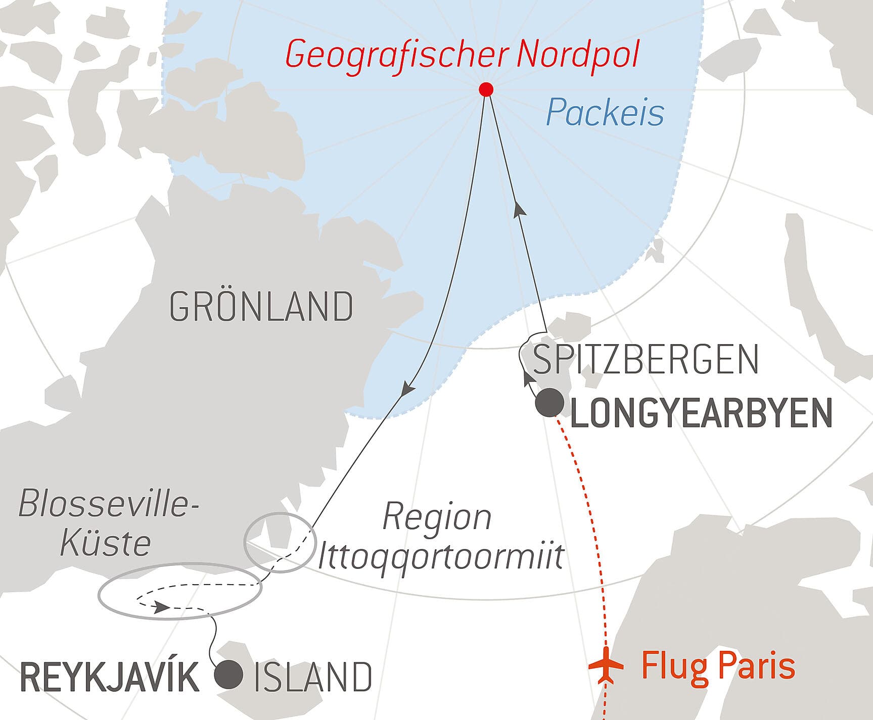 Der geografische Nordpol und die Ostküste Grönlands