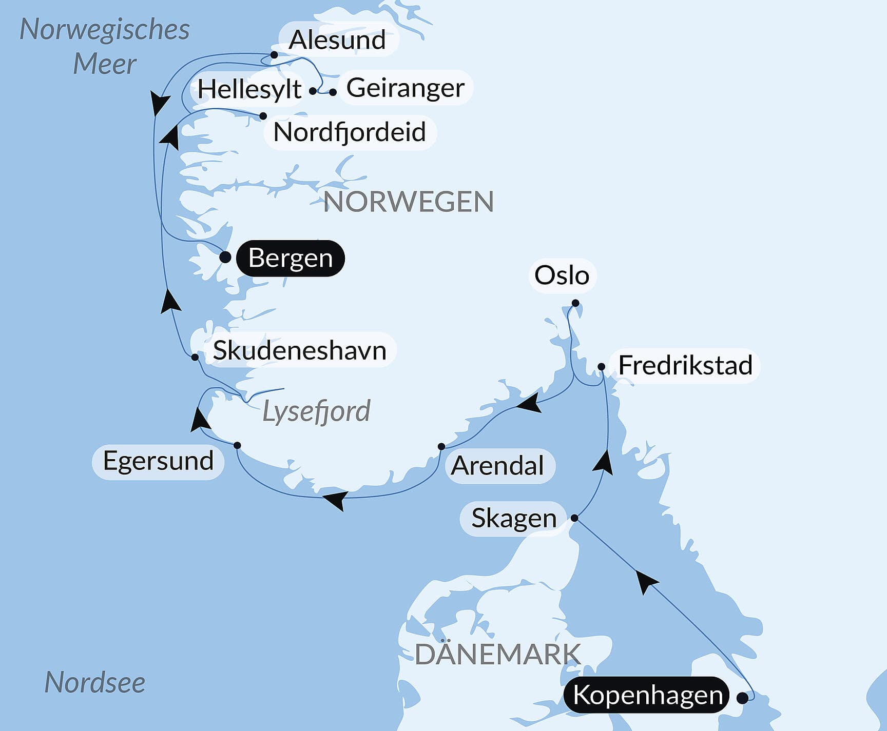 Skandinavische Städte und norwegische Fjorde